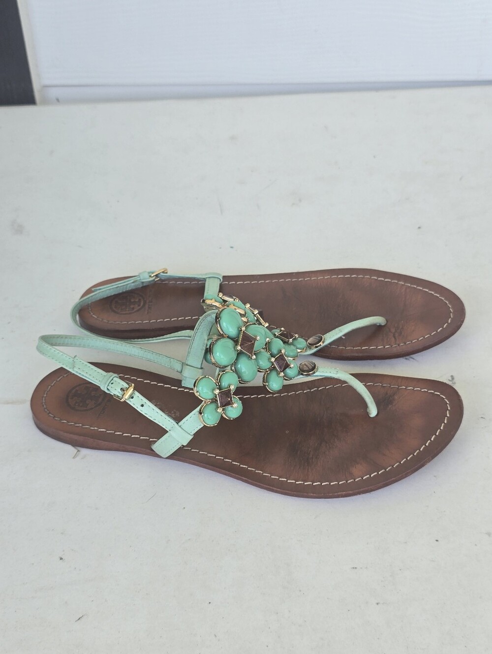 Tory Burch Mint Green Jeweled Floral Thong Sandals Leather Size 9.5M - Picture 10 of 10